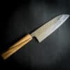 Kikusumi KATURA Kashi Santoku Knife Damascus Japanese Steel AUS10 Polished Hammered Finish 6.7”/17cm Japanese Oak Handle