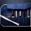 KIKUSUMI Japanese Chef Knife Roll - 6 Pocket Blue Cotton Canvas - Ivory White Cloth Tie - Made in Japan