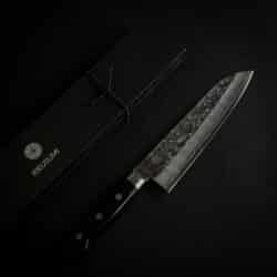 BLACK SHADOW Santoku Knife - Nashiji G3 Japanese Stainless Steel + Black Riveted Handle [  7” / 18 cm ]
