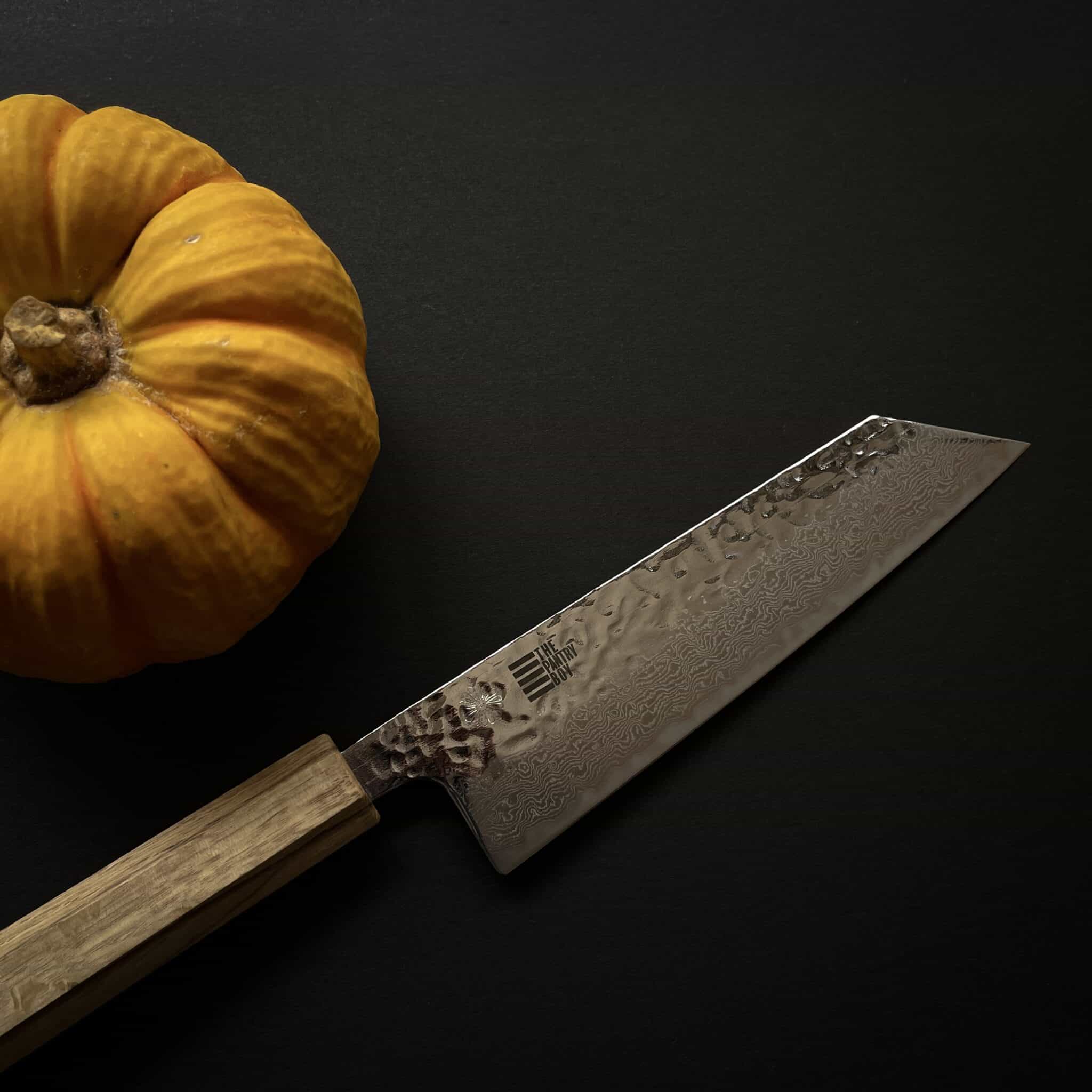 PantryBoy x KIKUSUMI Chef Knife Bunka Damascus Tsuchime Kashi Oak Handle