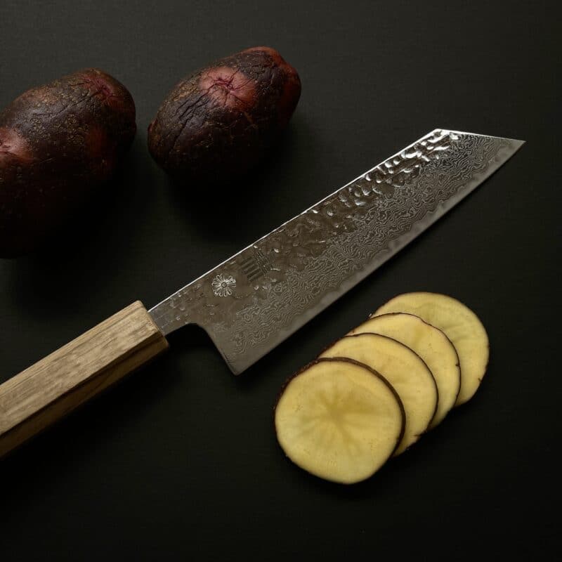 PantryBoy x KIKUSUMI Chef Knife Bunka Damascus Tsuchime Kashi Oak Handle
