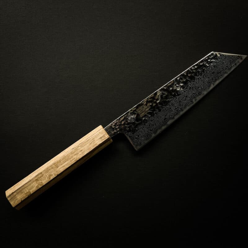 PantryBoy x KIKUSUMI Chef Knife Bunka Damascus Tsuchime Kashi Oak Handle