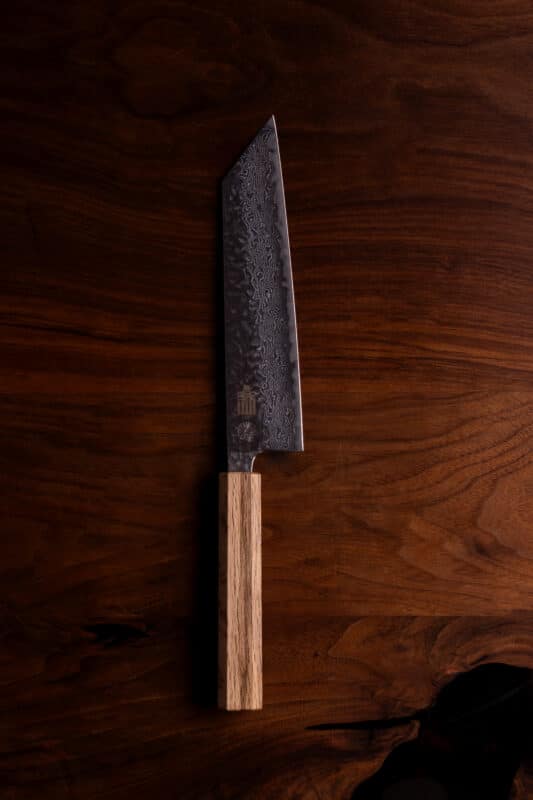 PantryBoy x KIKUSUMI Chef Knife Bunka Damascus Tsuchime Kashi Oak Handle